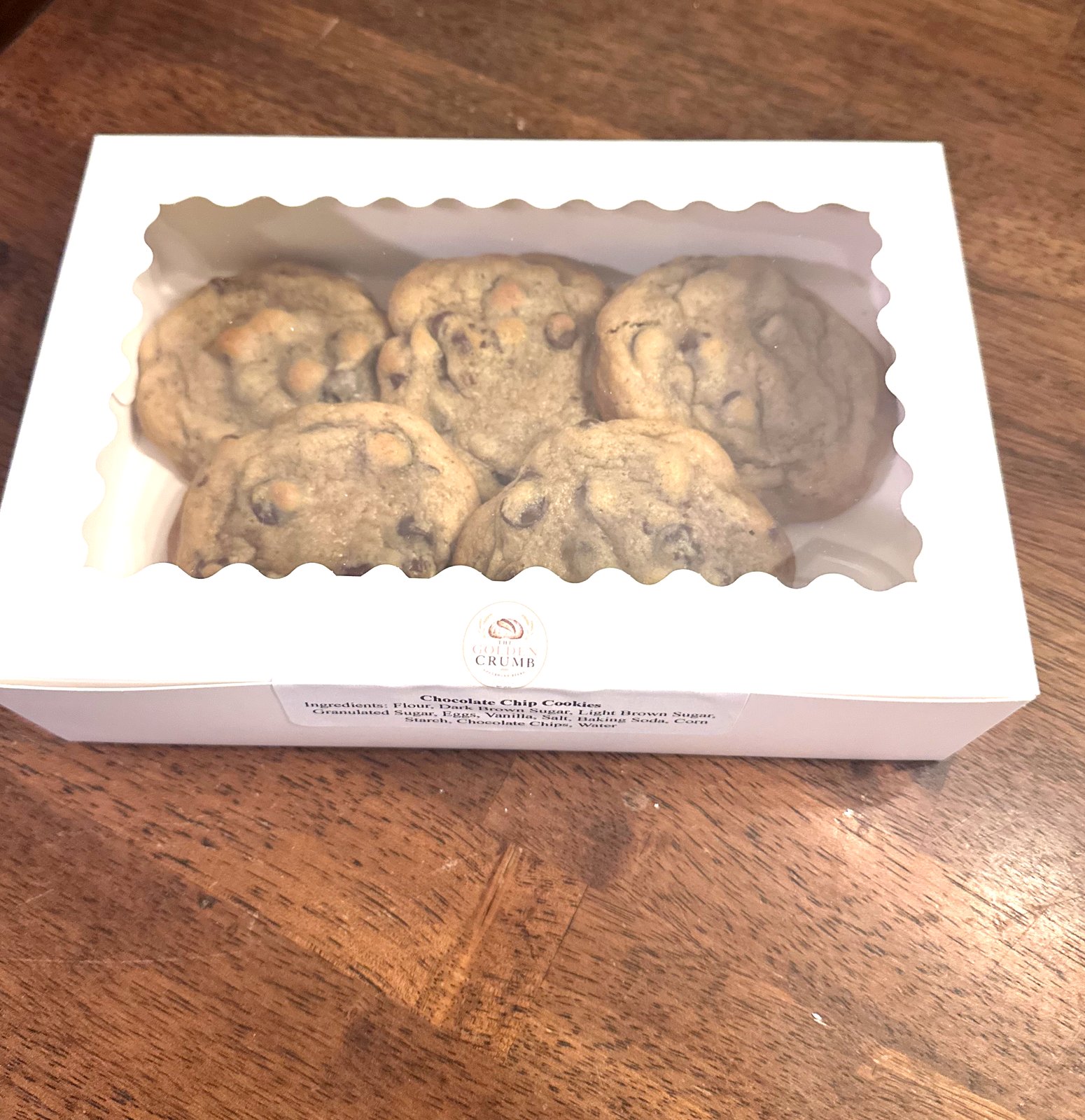 Box of Golden Crumb chocolate chip cookies with branded label