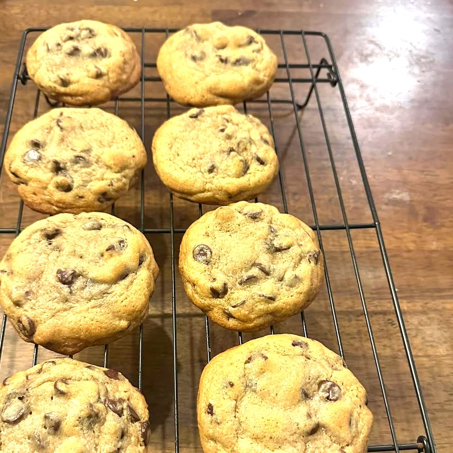Sourdough chocolate chip cookies on a cooling rack